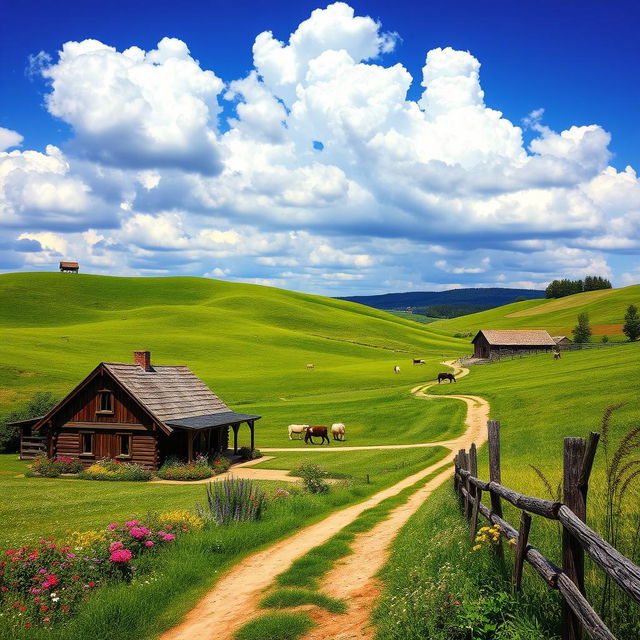 A tranquil rural landscape scene depicting a vibrant and lush countryside