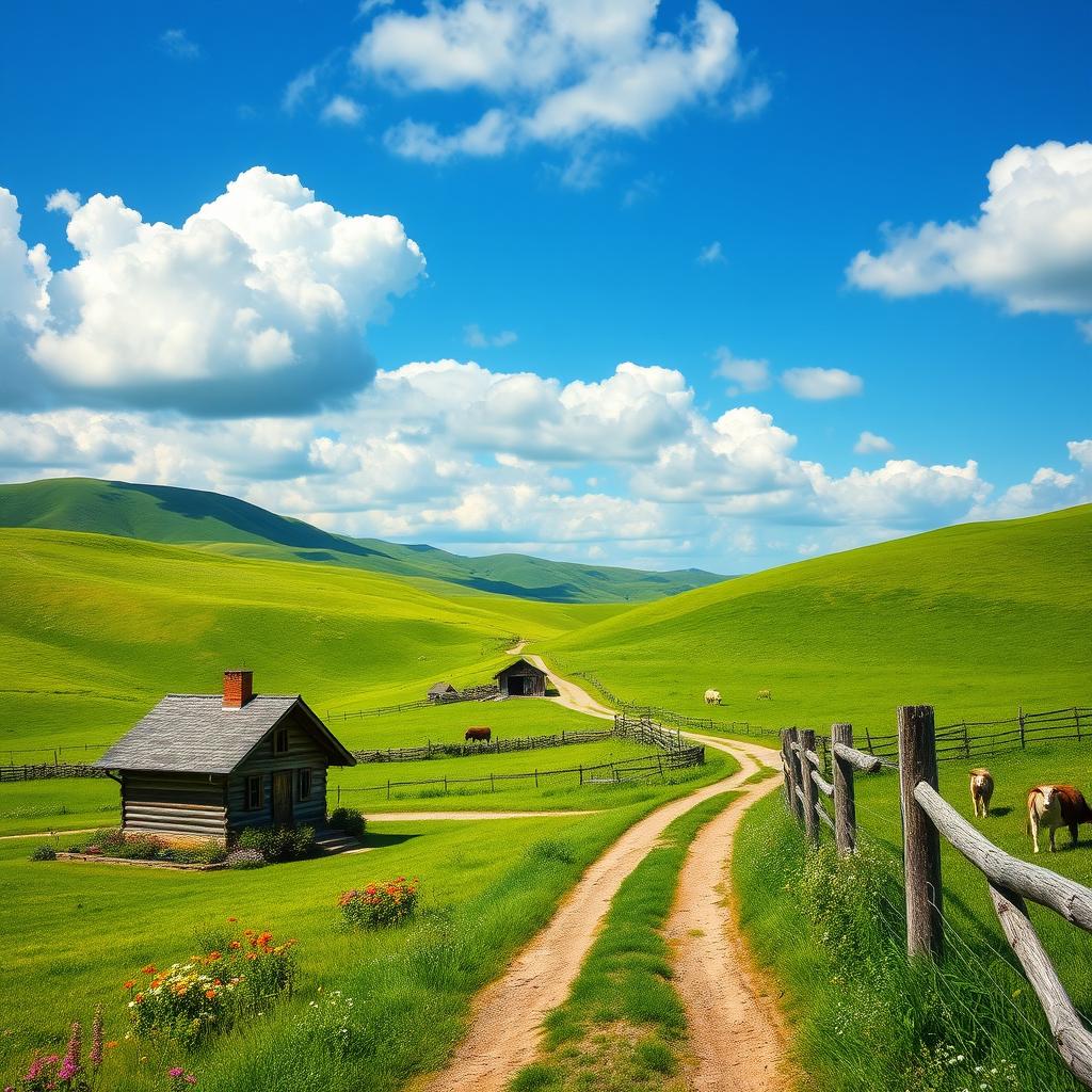A tranquil rural landscape scene depicting a vibrant and lush countryside