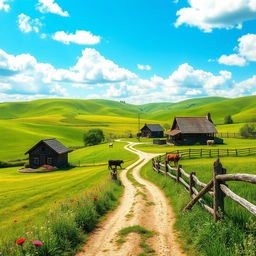 A tranquil rural landscape scene depicting a vibrant and lush countryside