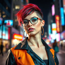 A stylish and modern portrait of a confident woman with a new look, featuring innovative fashion and striking accessories
