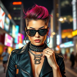 A stylish and modern portrait of a confident woman with a new look, featuring innovative fashion and striking accessories