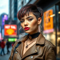 A stylish and modern portrait of a confident woman with a new look, featuring innovative fashion and striking accessories
