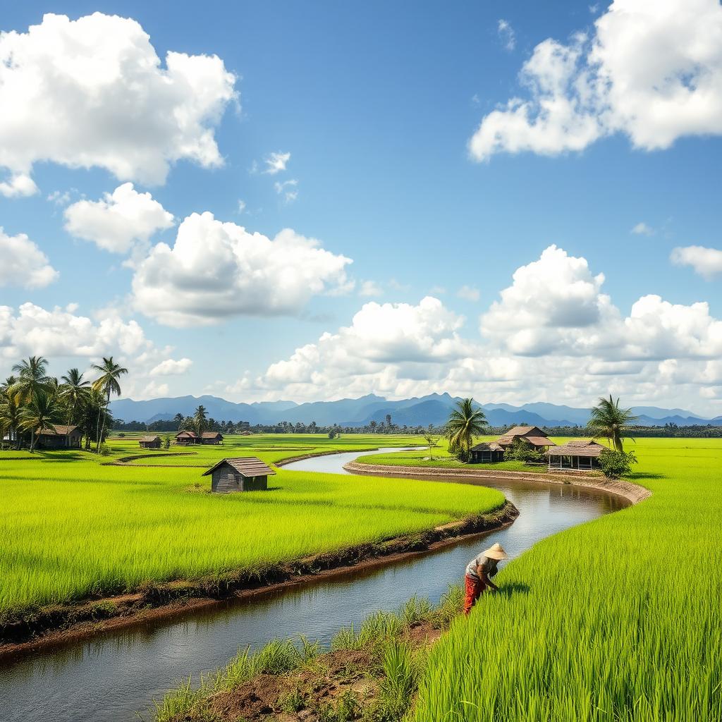 A serene rural landscape in Indonesia, featuring lush green rice fields stretching out to the horizon, scattered with traditional wooden houses with thatched roofs