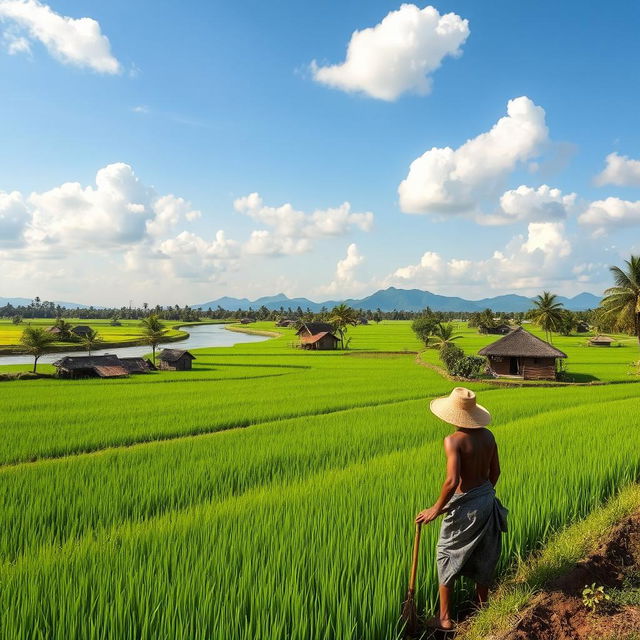 A serene rural landscape in Indonesia, featuring lush green rice fields stretching out to the horizon, scattered with traditional wooden houses with thatched roofs