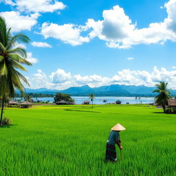 A serene rural landscape in Indonesia, featuring lush green rice fields stretching out to the horizon, scattered with traditional wooden houses with thatched roofs