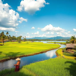A serene rural landscape in Indonesia, featuring lush green rice fields stretching out to the horizon, scattered with traditional wooden houses with thatched roofs