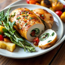 A beautifully plated dish of stuffed chicken breast, elegantly garnished with fresh herbs, surrounded by colorful roasted vegetables