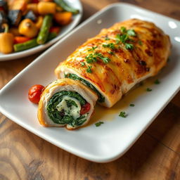 A beautifully plated dish of stuffed chicken breast, elegantly garnished with fresh herbs, surrounded by colorful roasted vegetables