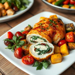 A beautifully plated dish of stuffed chicken breast, elegantly garnished with fresh herbs, surrounded by colorful roasted vegetables