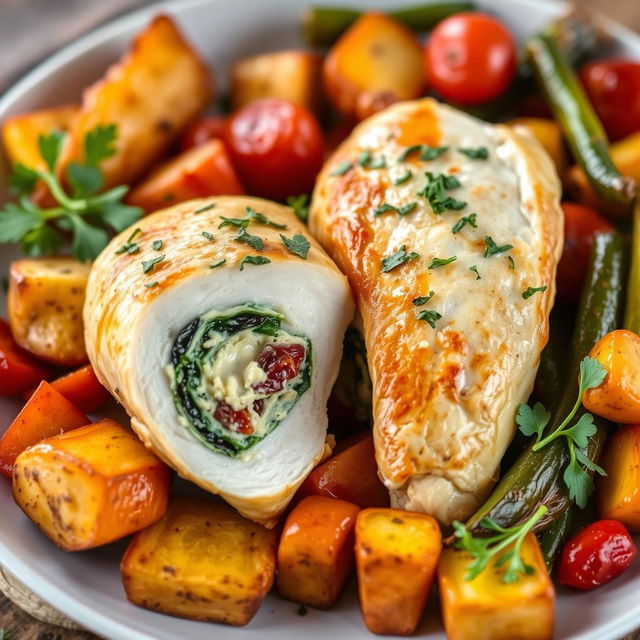 A beautifully plated dish of stuffed chicken breast, elegantly garnished with fresh herbs, surrounded by colorful roasted vegetables