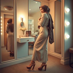 A realistic depiction of a 40-year-old hijabi woman in a dressing room, elegantly posed in platform heels
