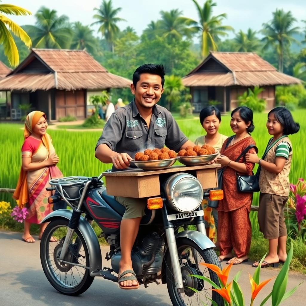 A vibrant Indonesian village scene depicting a streetside meatball seller on a motorcycle, surrounded by a few cheerful local villagers engaged in conversation