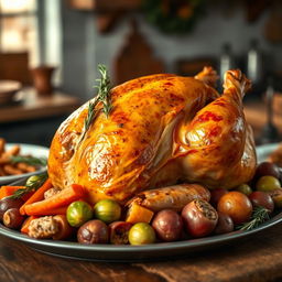 A beautifully presented whole stuffed chicken, golden brown and crispy on the outside, sitting on a rustic wooden table