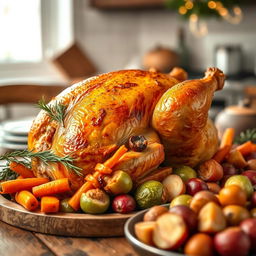 A beautifully presented whole stuffed chicken, golden brown and crispy on the outside, sitting on a rustic wooden table