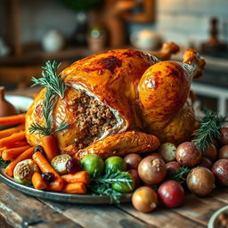 A beautifully presented whole stuffed chicken, golden brown and crispy on the outside, sitting on a rustic wooden table