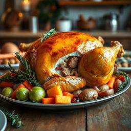 A beautifully presented whole stuffed chicken, golden brown and crispy on the outside, sitting on a rustic wooden table