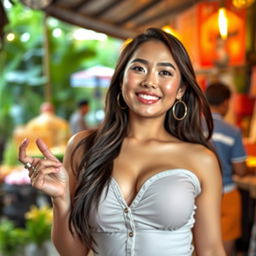 A beautiful Indonesian woman with large breasts, exuding charm and confidence