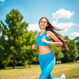 A vibrant and athletic teenage girl running through a sunlit park, wearing a bright blue sports outfit
