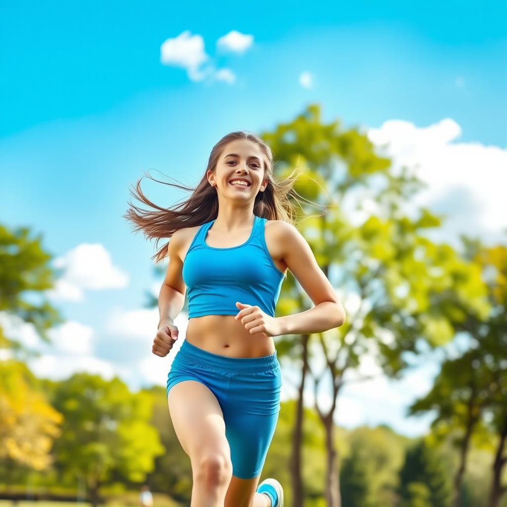 A vibrant and athletic teenage girl running through a sunlit park, wearing a bright blue sports outfit