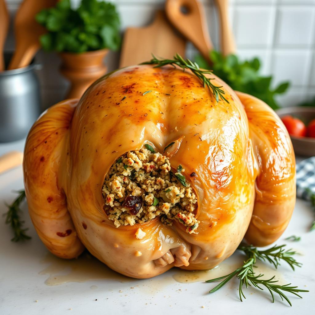 A whole stuffed chicken on a clean kitchen countertop, presented beautifully