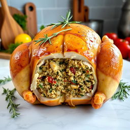 A whole stuffed chicken on a clean kitchen countertop, presented beautifully
