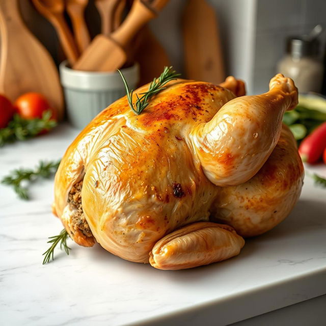 A whole stuffed chicken on a clean kitchen countertop, presented beautifully