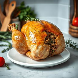 A whole stuffed chicken on a clean kitchen countertop, presented beautifully