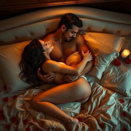 A passionate couple intertwined on a luxurious bed, the scene radiating intimacy and connection