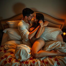 A passionate couple intertwined on a luxurious bed, the scene radiating intimacy and connection