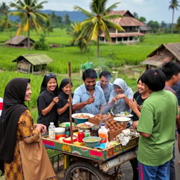A vibrant rural scene in Indonesia featuring a street vendor selling Bakso (meatballs) from a traditional cart