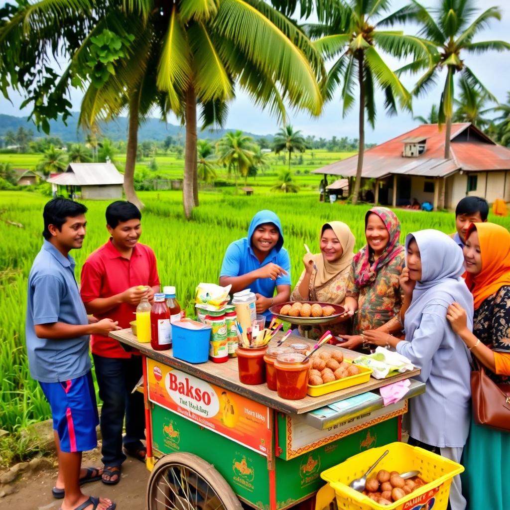 A vibrant rural scene in Indonesia featuring a street vendor selling Bakso (meatballs) from a traditional cart