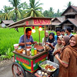 A vibrant rural scene in Indonesia featuring a street vendor selling Bakso (meatballs) from a traditional cart