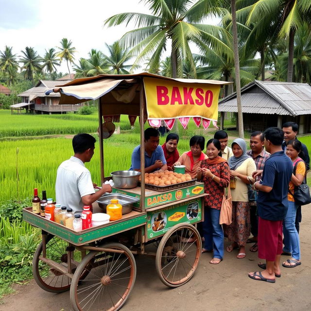 A vibrant rural scene in Indonesia featuring a street vendor selling Bakso (meatballs) from a traditional cart