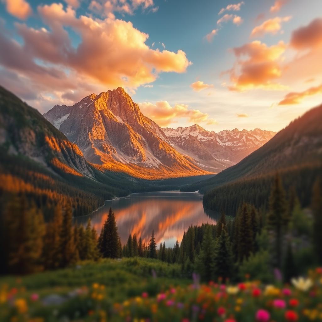 A stunning and vibrant landscape scene featuring a majestic mountain range bathed in golden sunset light