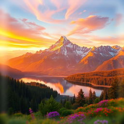 A stunning and vibrant landscape scene featuring a majestic mountain range bathed in golden sunset light
