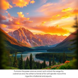 A stunning and vibrant landscape scene featuring a majestic mountain range bathed in golden sunset light