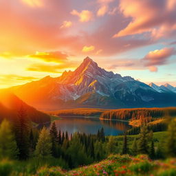 A stunning and vibrant landscape scene featuring a majestic mountain range bathed in golden sunset light