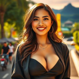 A beautiful Indonesian woman with large breasts, exuding charm and a playful demeanor