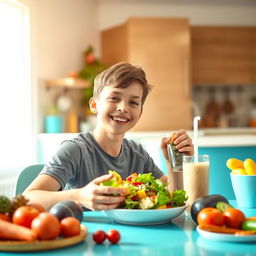 A healthy teenage boy enjoying a nutritious meal, seated at a vibrant kitchen table filled with fresh fruits and vegetables