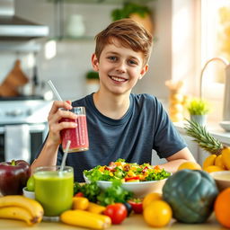 A healthy teenage boy enjoying a nutritious meal, seated at a vibrant kitchen table filled with fresh fruits and vegetables