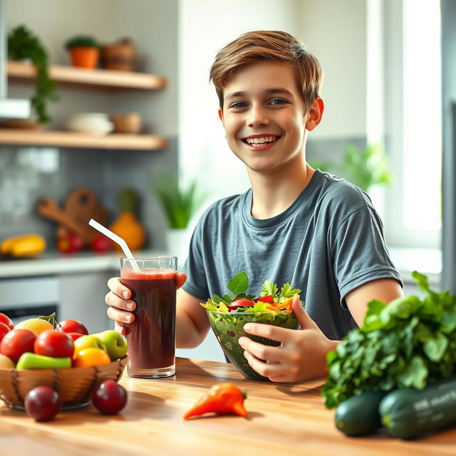 A healthy teenage boy enjoying a nutritious meal, seated at a vibrant kitchen table filled with fresh fruits and vegetables