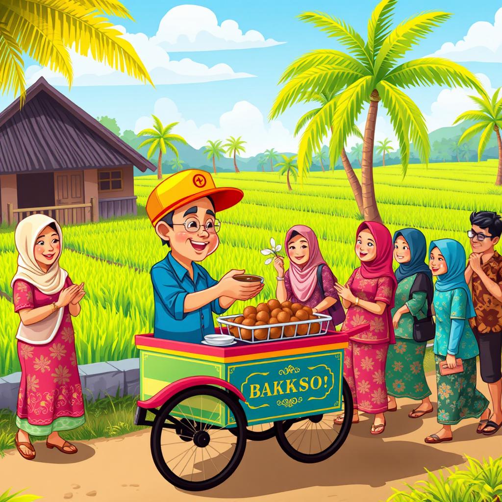 A vibrant cartoon scene depicting a traditional Indonesian village atmosphere