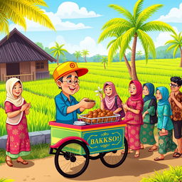 A vibrant cartoon scene depicting a traditional Indonesian village atmosphere