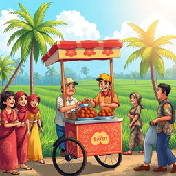 A vibrant cartoon scene depicting a traditional Indonesian village atmosphere