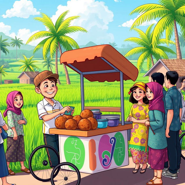 A vibrant cartoon scene depicting a traditional Indonesian village atmosphere