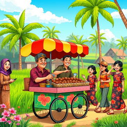A vibrant cartoon scene depicting a traditional Indonesian village atmosphere