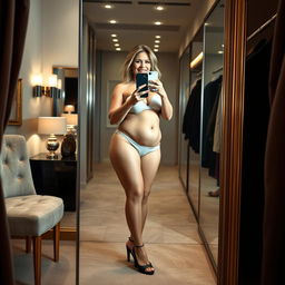 A realistic portrayal of a 45-year-old woman confidently taking a mirror selfie in a chic dressing room