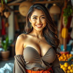A stunningly beautiful Indonesian woman with large breasts, radiating charm and a playful vibe