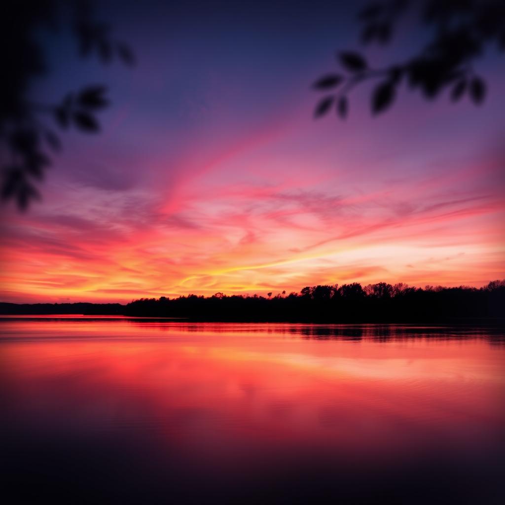 An artistic image of a vibrant sunset over a serene lake, with the sky painted in hues of orange, pink, and purple reflecting in the smooth water