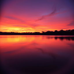 An artistic image of a vibrant sunset over a serene lake, with the sky painted in hues of orange, pink, and purple reflecting in the smooth water
